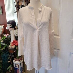 Zara White Top Blouse Popover Career Work Size Large Collarless FLAW LINT